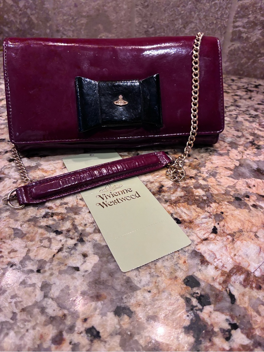 Vivienne Westwood Burgundy Red Patent Bow Clutch Wallet Orb Logo Italy Y2K
